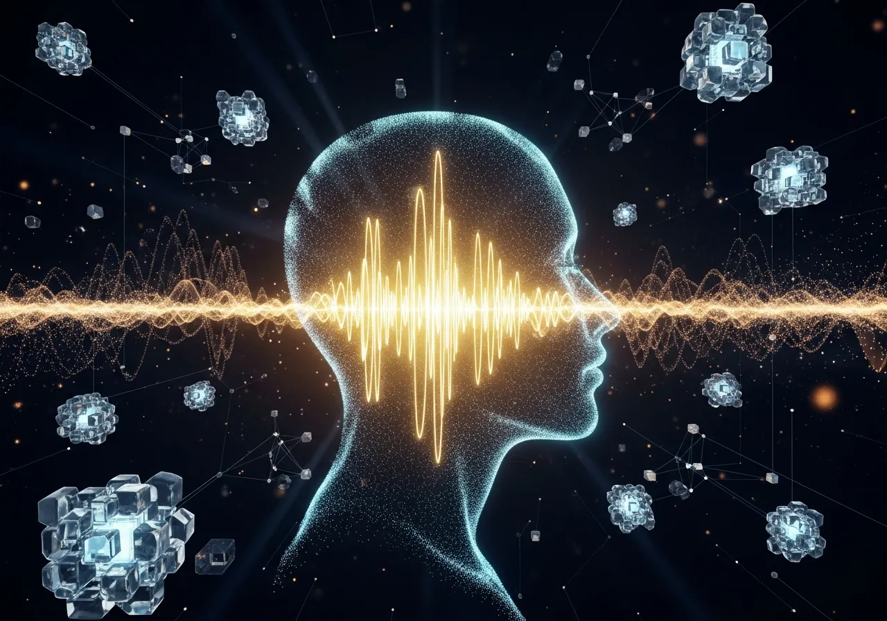 인간의 프로필 형상으로 변하는 황금색과 청록색의 AI 음성 합성 파동 데이터 시각화