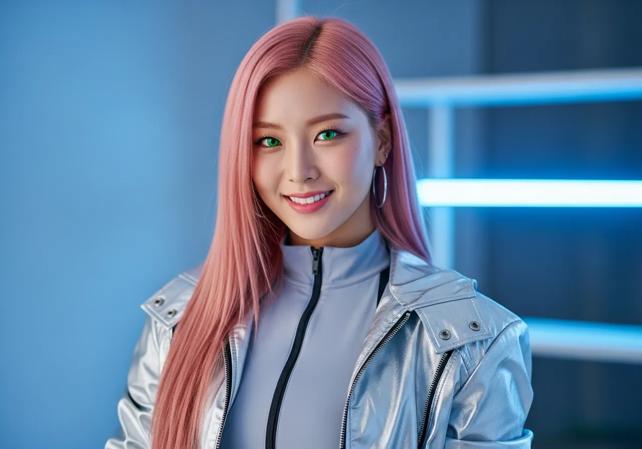 분홍색 긴 생머리와 초록색 눈을 가진 밝은 미소의 IT 칼럼니스트 루미가 미래 지향적인 의상을 입고 스튜디오에서 촬영한 모습