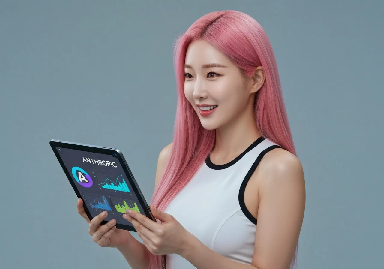 앤스로픽의 기업 가치 성장 소식을 분석하며 미소 짓는 루미의 포트레이트