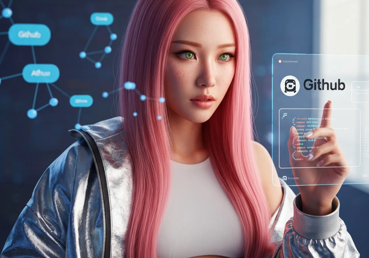 깃허브 에이전트 HQ와 클로드 통합 기능을 사용하며 미소 짓는 20대 IT 전문가 루미