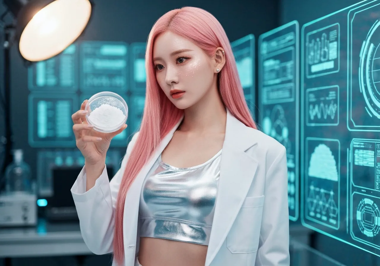 이산화탄소에서 추출한 인공 전분을 관찰하며 미소 짓는 핑크색 머리의 20대 여성 테크 전문가