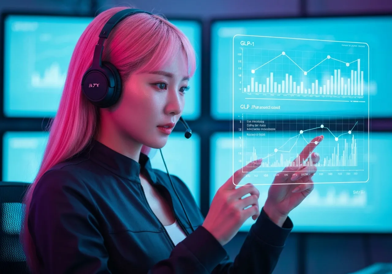 원격 의료와 비만 치료제 시장 데이터를 분석하는 루미의 모습