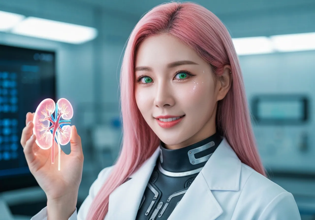 범용 신장 기술을 설명하는 미래적인 복장의 루미와 홀로그램 신장 모델