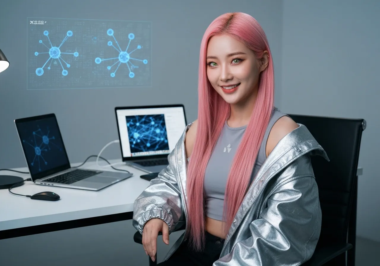 애플 실리콘과 MLX 분산 컴퓨팅 환경을 설명하는 핑크색 머리의 테크 유튜버 루미