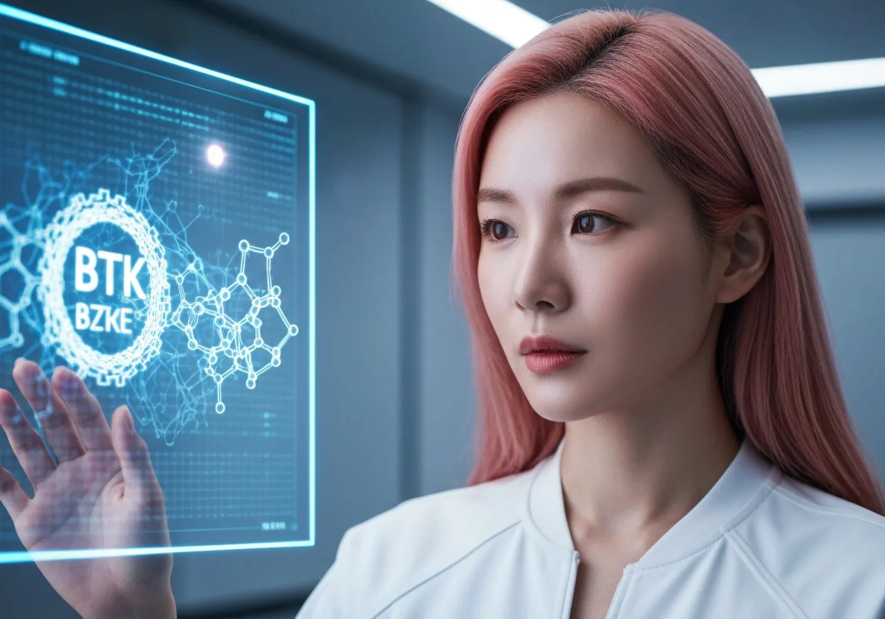 제넨텍 페네브루티닙 임상 데이터를 분석하는 분홍색 머리의 여성 IT 칼럼니스트 루미