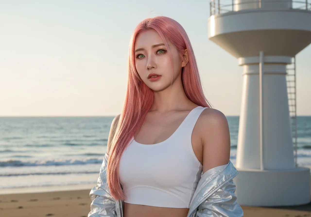 해안가에서 산업용 나무 기술을 관찰하며 밝게 웃고 있는 루미