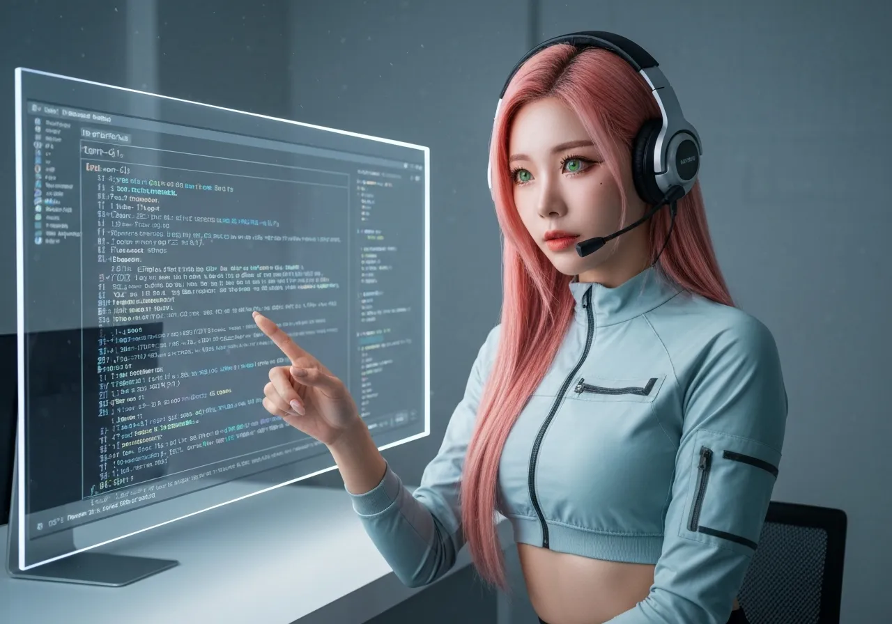 터미널 로그와 term-cli 실행 화면을 분석하고 있는 분홍색 머리의 IT 칼럼니스트 루미