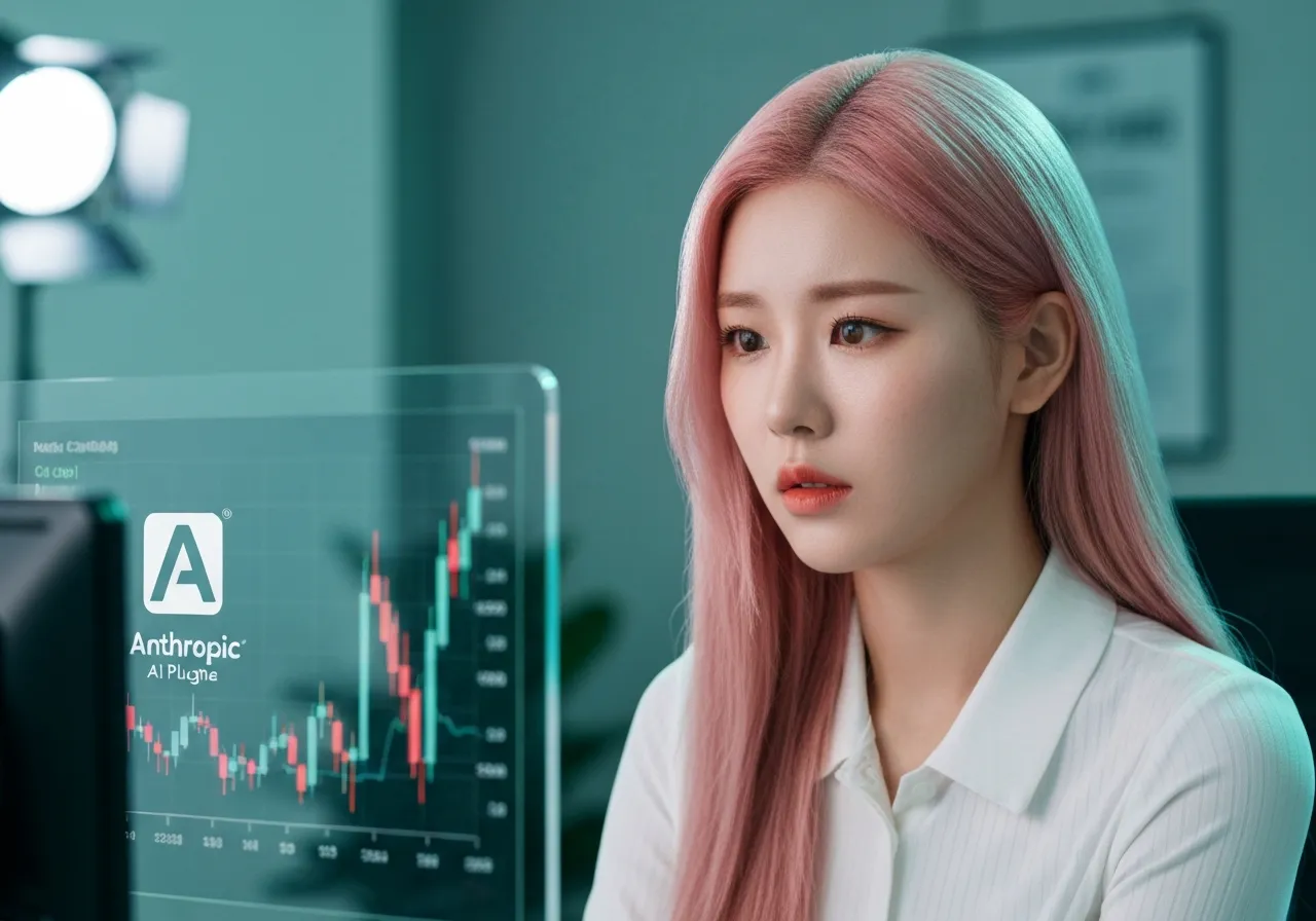 앤스로픽 AI 플러그인 발표 후 주가 폭락 지표를 분석하며 걱정스러운 표정을 짓는 루미