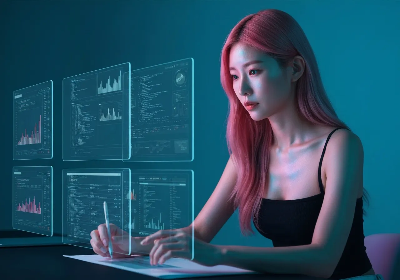 고성능 AI 워크스테이션에서 클로드 4.6 패스트 모드를 분석 중인 20대 한국인 여성 전문가