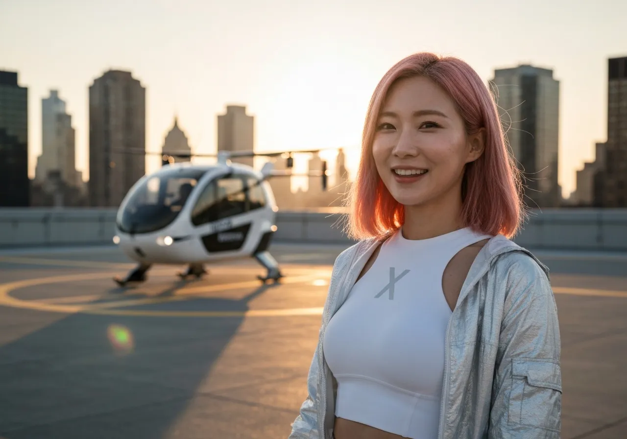 뉴욕 옥상 버티포트에서 에어택시를 배경으로 미소 짓는 핑크색 긴 머리의 루미