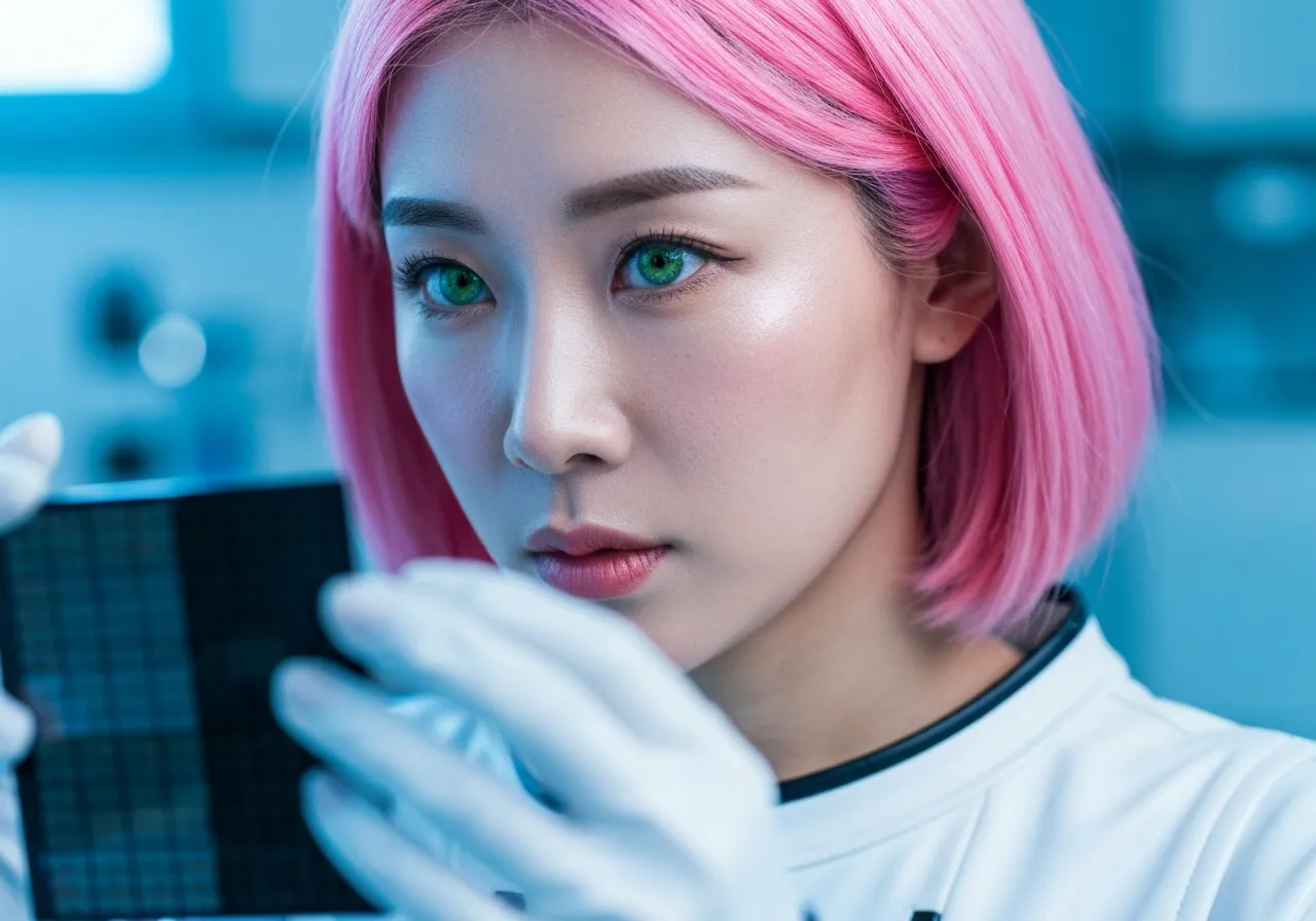 벨기에 imec 연구소에서 반도체 웨이퍼를 관찰하는 핑크색 머리의 20대 한국 여성 전문가