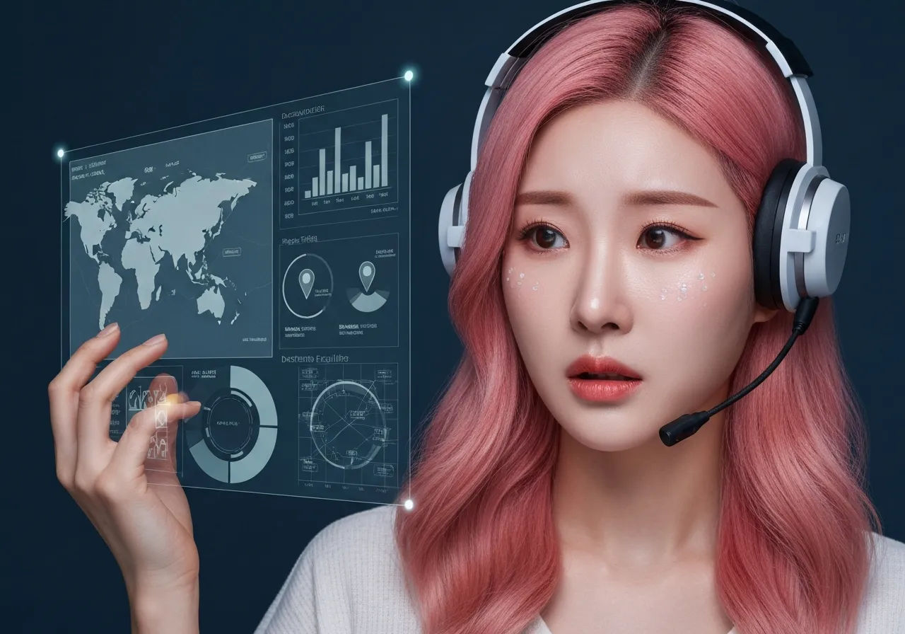 ICE 아동 구금 시설 데이터를 분석하며 안타까워하는 핑크색 머리의 루미