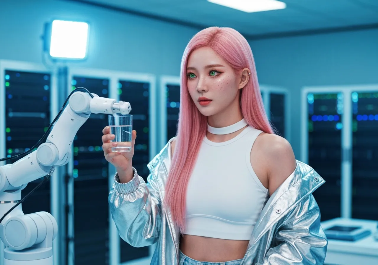 하이테크 로봇 연구소에서 정교한 로봇 팔의 동작을 관찰하며 미소 짓고 있는 핑크색 머리의 루미