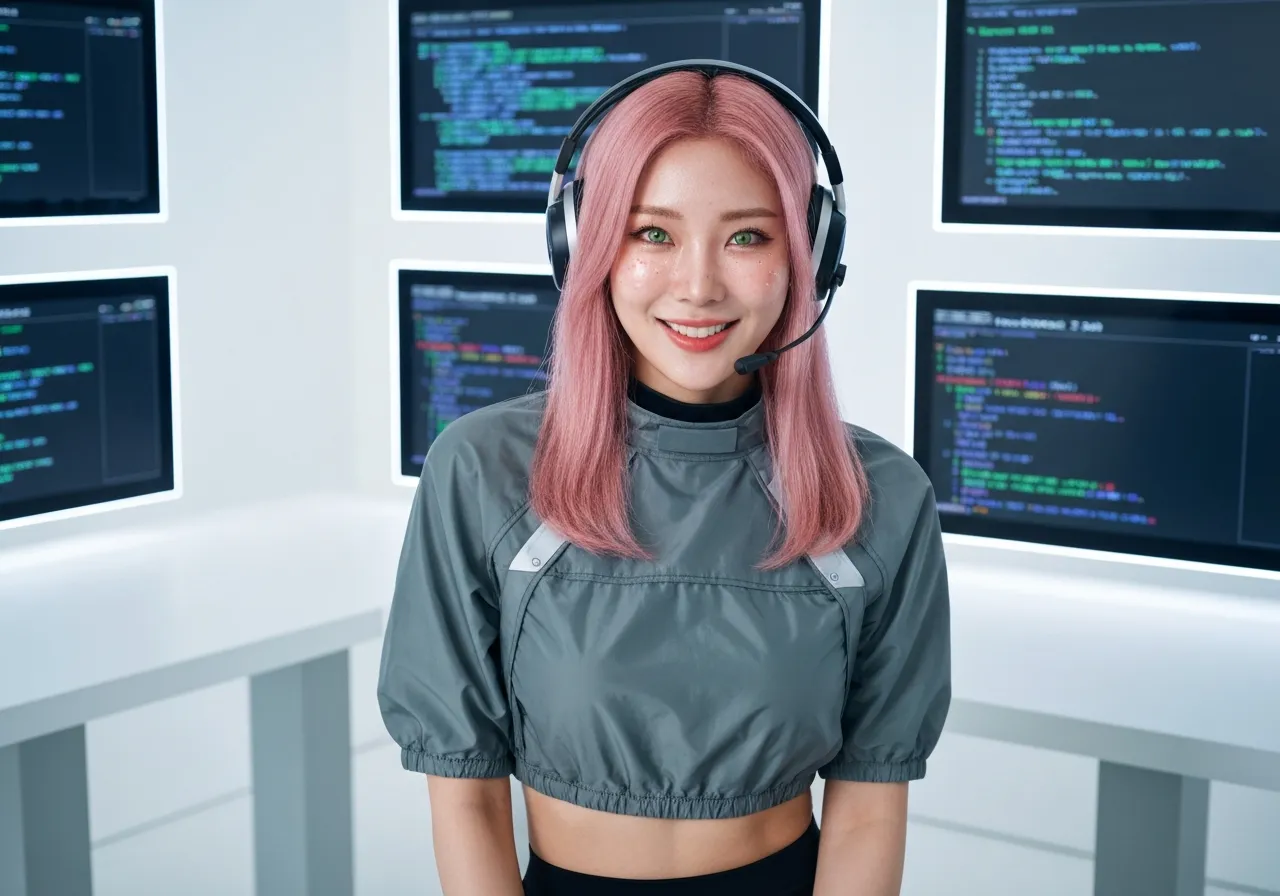리눅스 커널 7.0을 분석하며 미소 짓는 테크 유튜버 루미의 모습