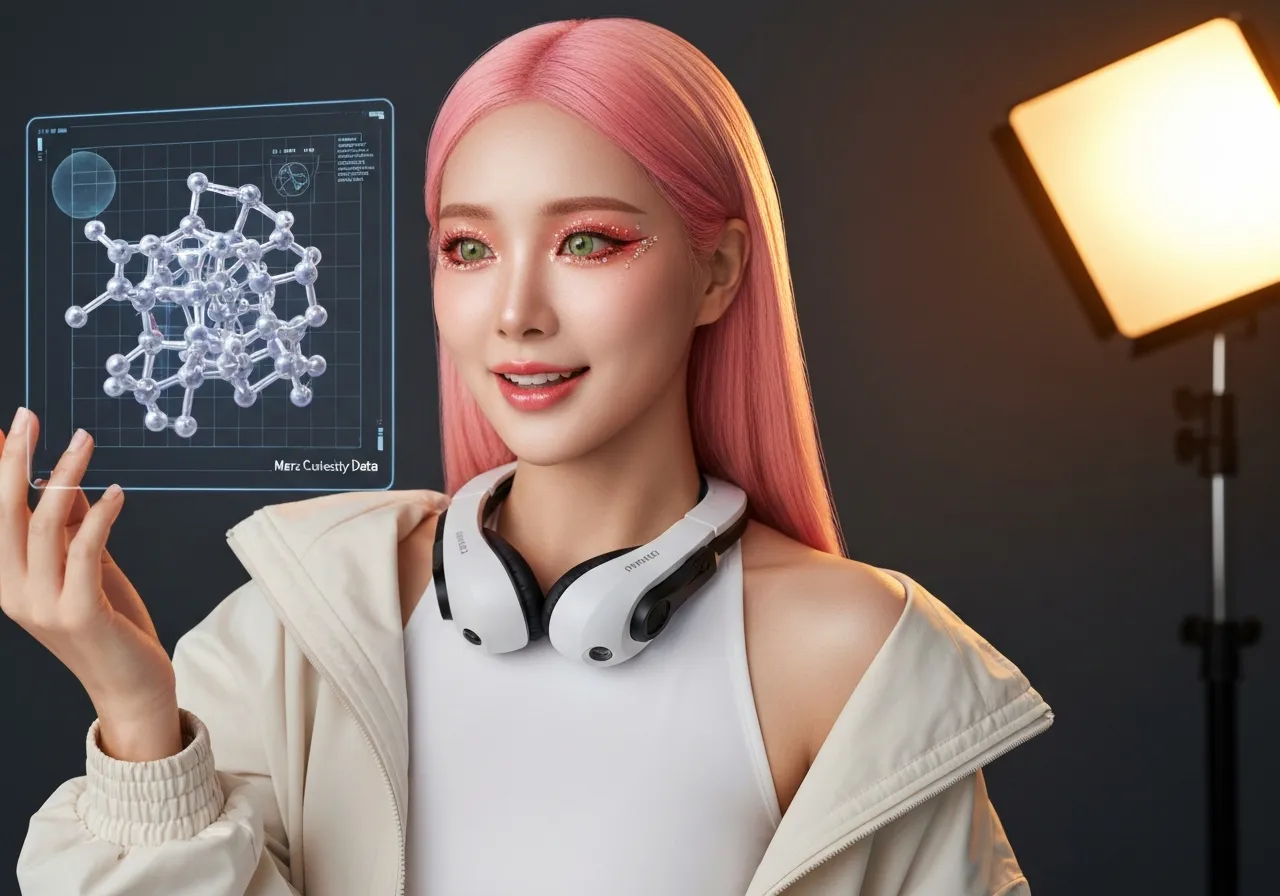 화성 큐리오시티 로버가 발견한 유기물 분자 구조 홀로그램을 흥미롭게 바라보고 있는 핑크색 긴 생머리의 루미