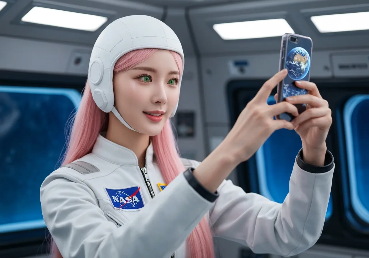 아르테미스 우주선 안에서 스마트폰을 사용하는 분홍색 머리의 여성 우주비행사