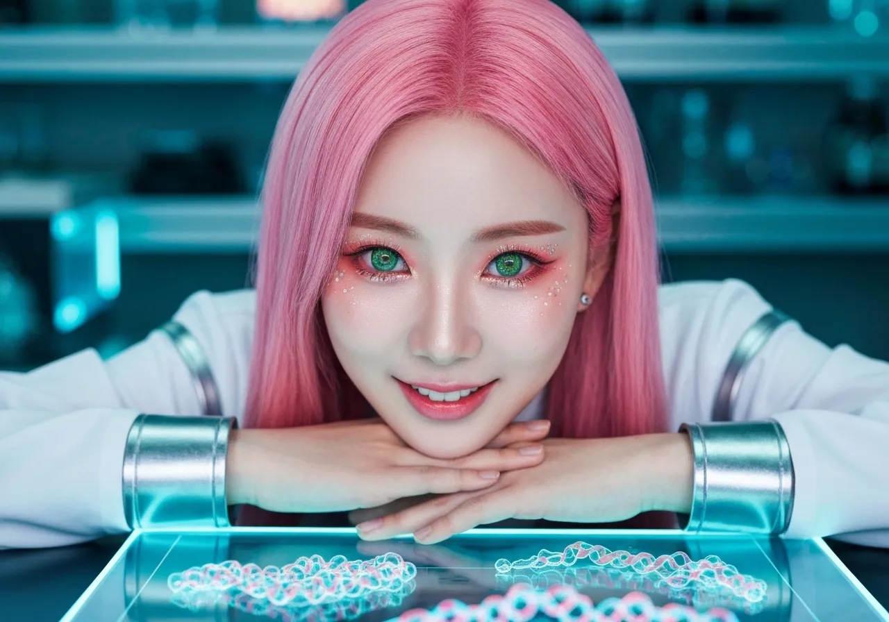 최첨단 바이오 실험실에서 단백질 구조 홀로그램을 살펴보며 미소 짓는 핑크색 머리의 루미