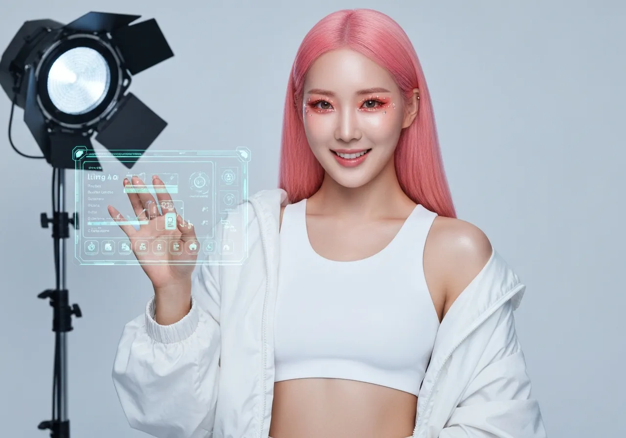 Kling AI 3.0 홀로그램 인터페이스를 조작하며 미소 짓는 루미의 모습