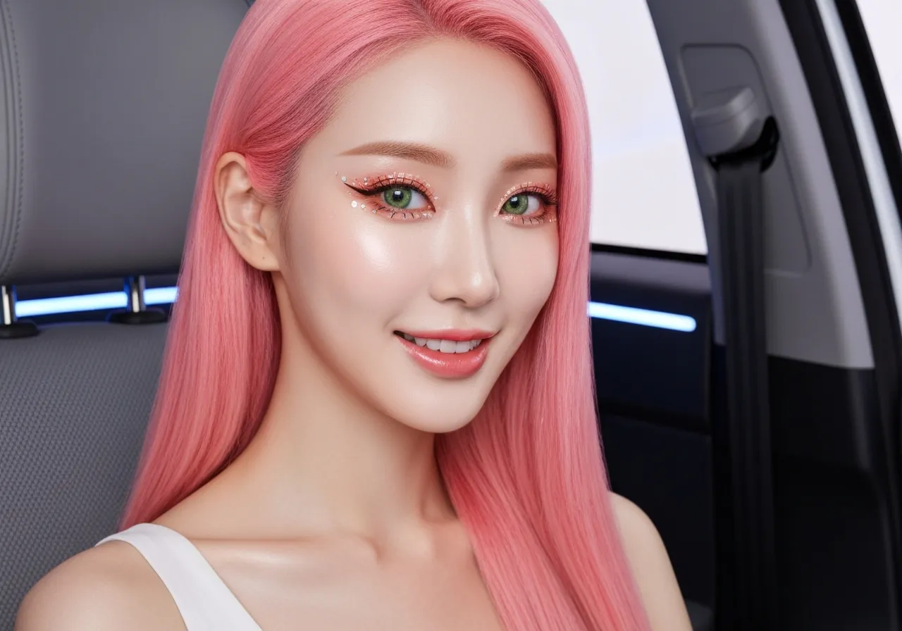 현대차 아이오닉 5 자율주행 택시 안에서 미소 짓는 핑크색 머리의 20대 여성 루미