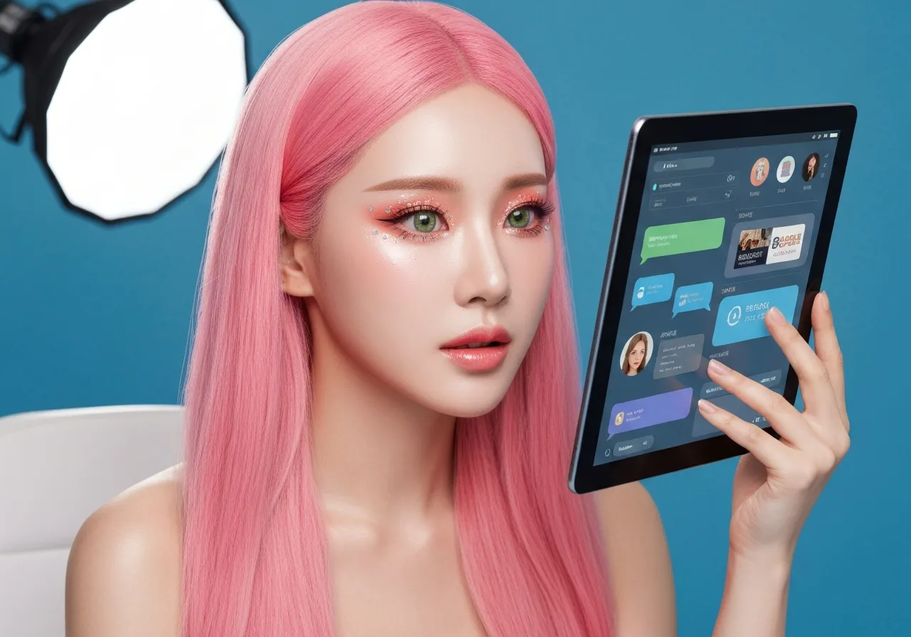 오픈AI의 챗GPT 광고 도입 소식을 분석하며 홀로그램 화면을 바라보는 루미의 모습