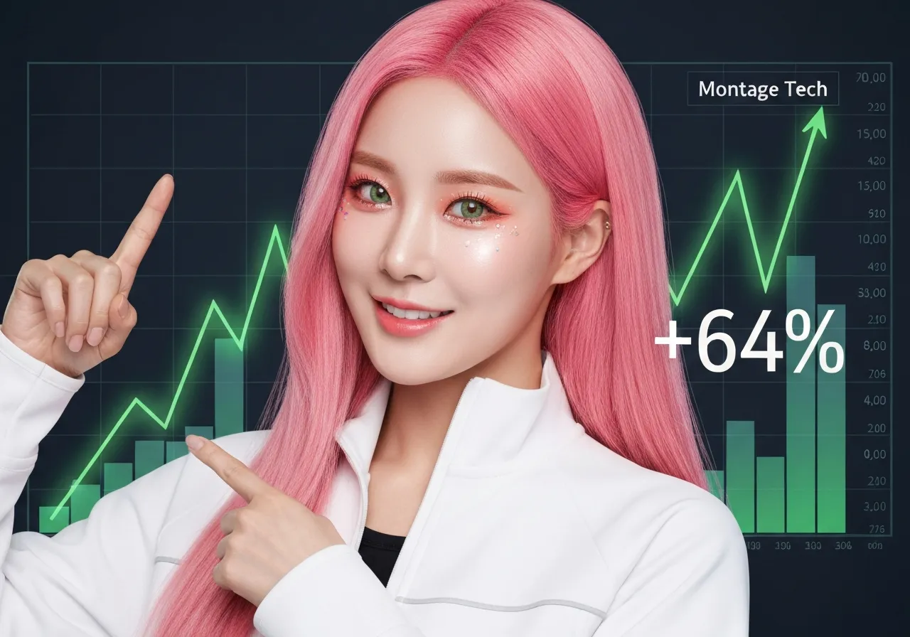 몽타주 테크놀로지의 64% 주가 폭등 차트를 분석하며 미소 짓는 루미