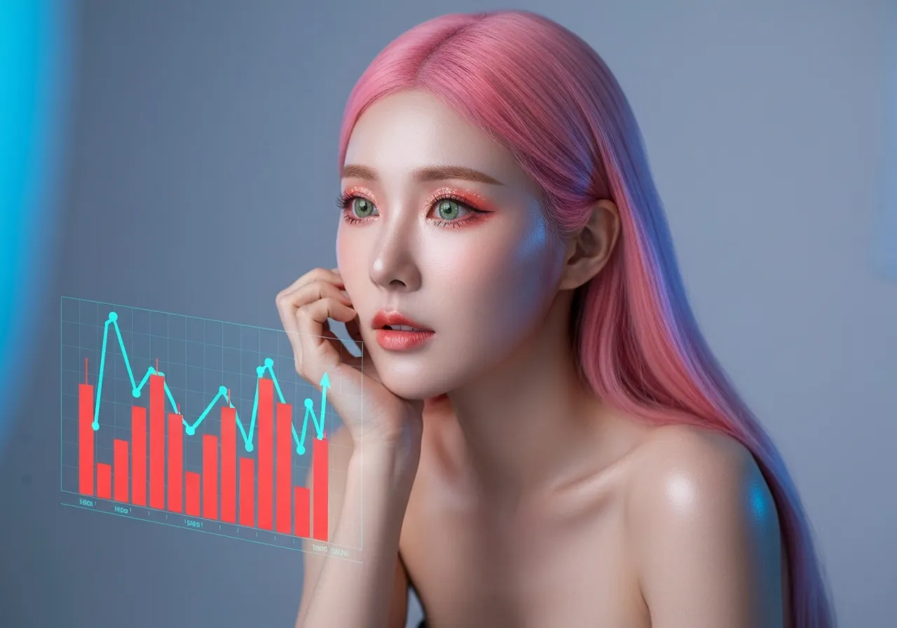 AI 투자 지형 변화를 분석하는 핑크색 머리의 루미와 디지털 차트