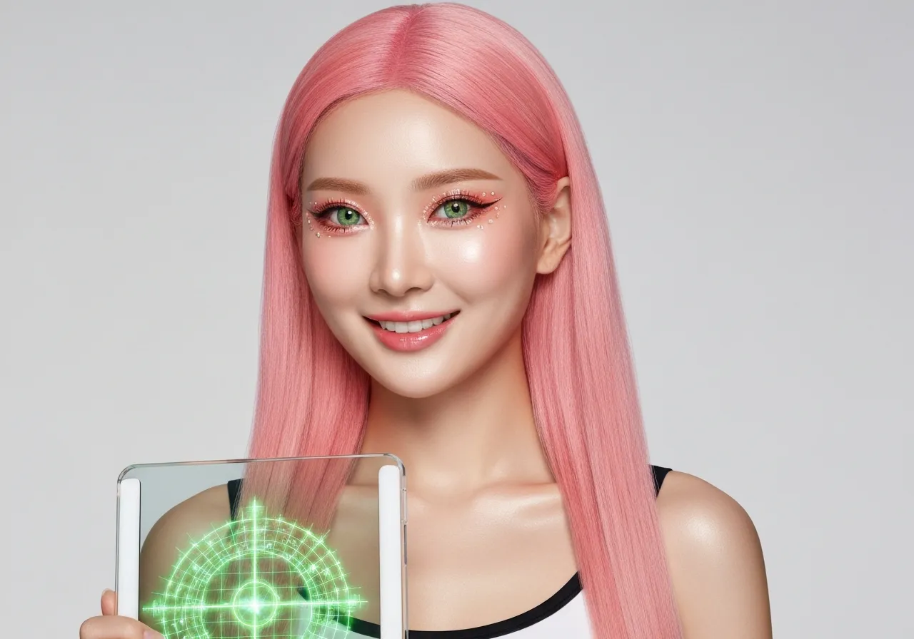 전력 수급 데이터가 표시된 태블릿을 들고 미소 짓는 루미