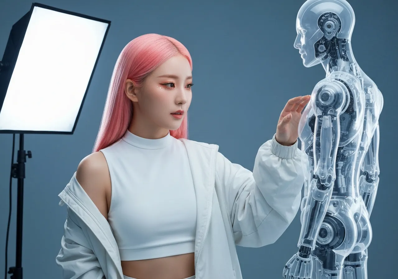 하이테크 실험실에서 투명한 휴머노이드 로봇 프레임을 관찰하고 있는 루미의 모습