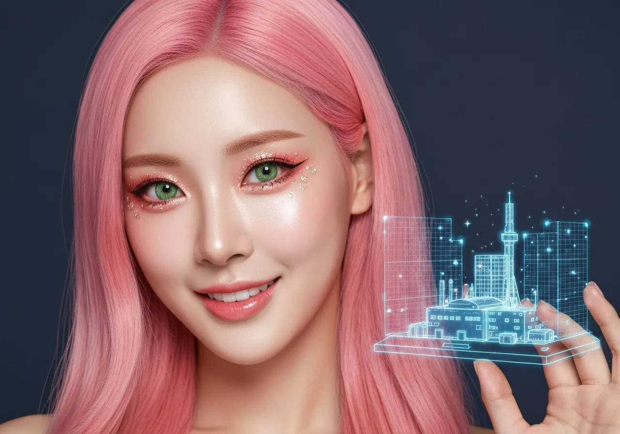 루미가 달 표면 AI 팩토리의 홀로그램 모델을 흥미롭게 살펴보며 웃고 있는 모습