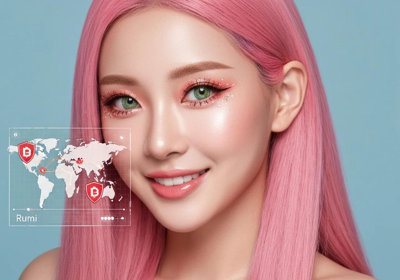가상자산 거래 제재를 시각화한 홀로그램 인터페이스를 조작하는 루미의 모습