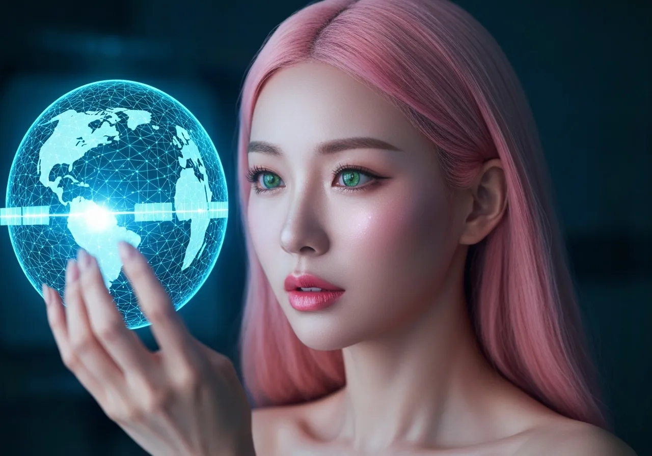 아마존 위성 인터넷망 홀로그램을 관찰하는 핑크색 머리의 정보 기술 칼럼니스트 루미