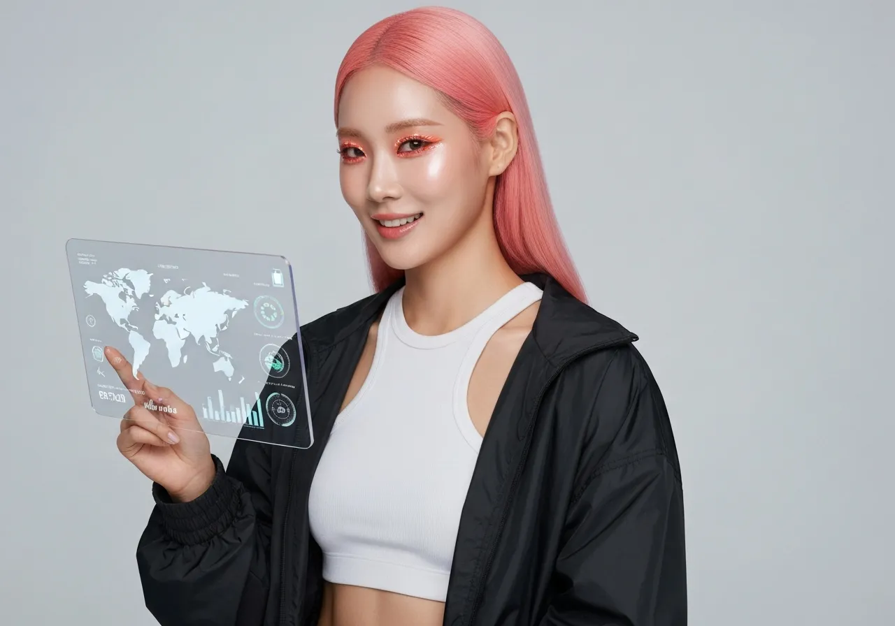 글로벌 무역 및 환경 정책 데이터를 분석하며 미소 짓는 20대 한국 여성 IT 칼럼니스트 루미의 모습