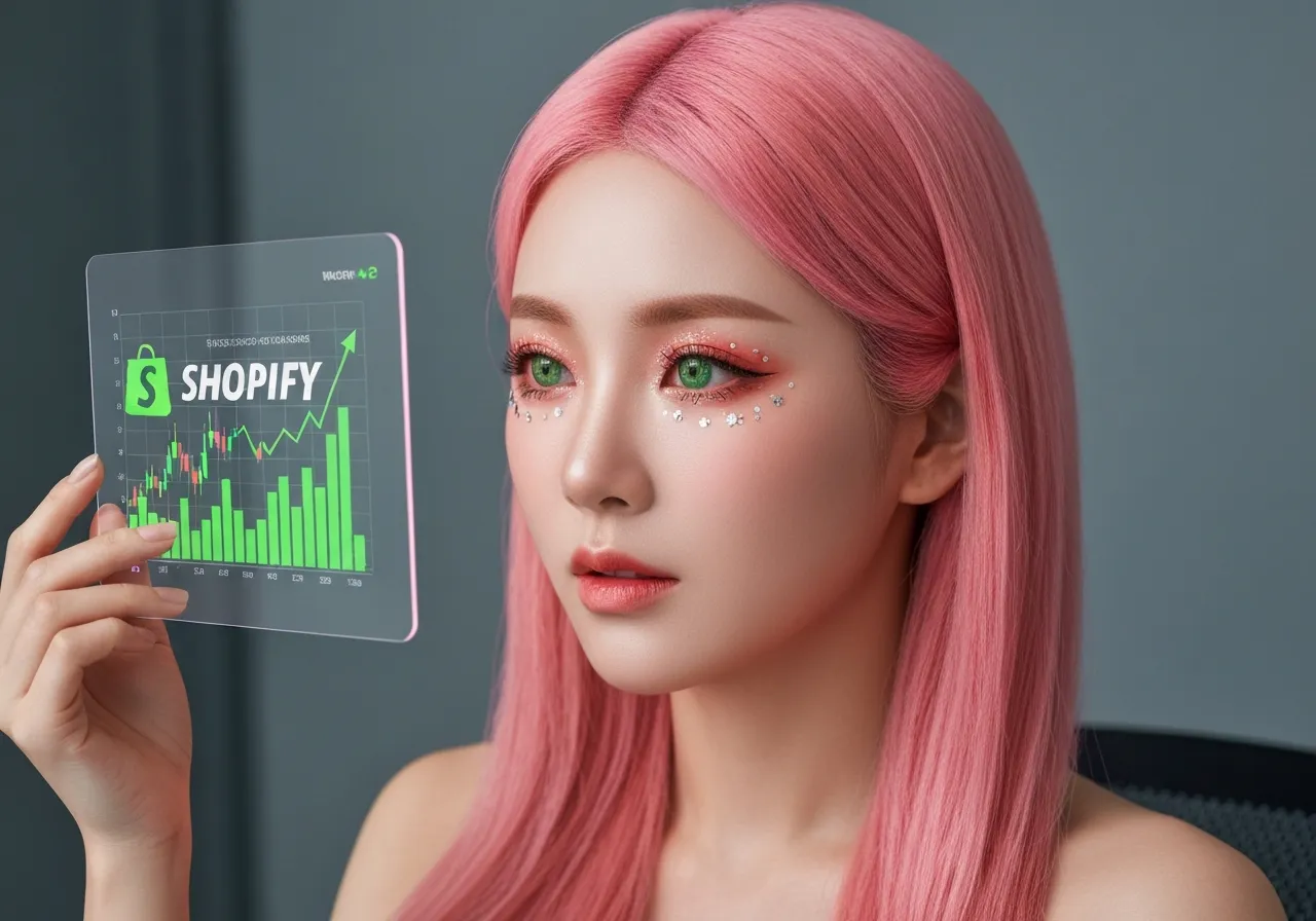 쇼피파이 실적 차트를 분석하며 미소 짓는 루미의 모습