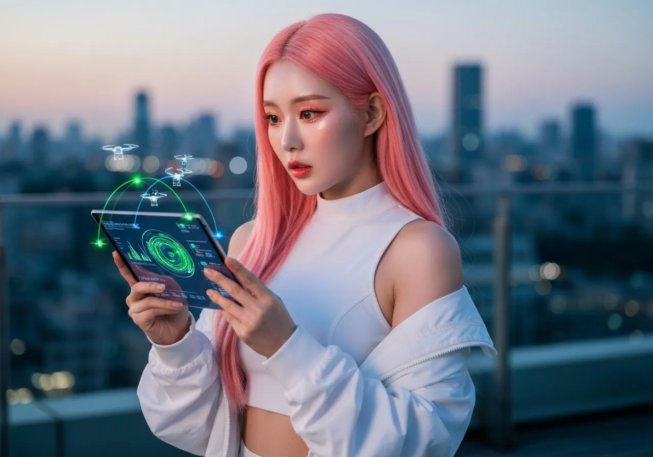투명한 홀로그램 태블릿으로 유럽 드론 보안 데이터를 분석하며 미소 짓는 핑크색 긴 머리의 루미