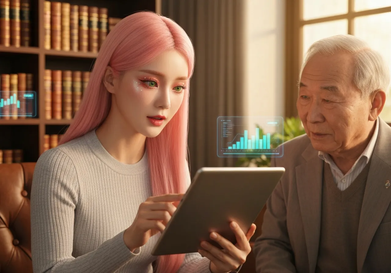 프랭클린 템플턴과 바이낸스의 자산 토큰화 협력을 외할아버지에게 설명하는 루미의 모습