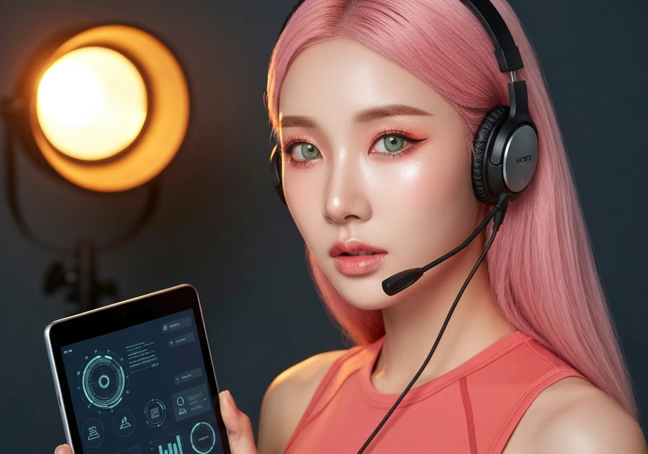 현대적인 사무실에서 진지하게 태블릿을 바라보며 AI 법적 판결과 보안의 중요성을 분석하는 루미의 모습
