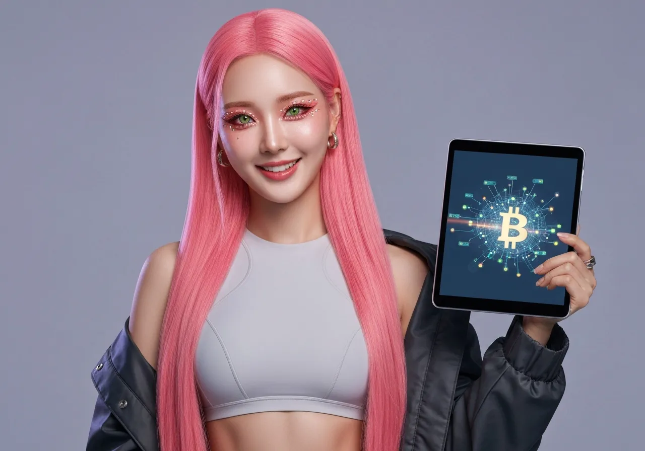 라이트닝 네트워크 노드 맵이 표시된 투명 태블릿을 들고 웃고 있는 루미