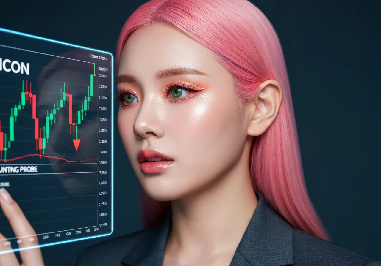 아이콘(Icon) 기업의 주가 폭락 차트를 보며 우려 섞인 표정을 짓고 있는 헬스케어 분석가 루미의 모습