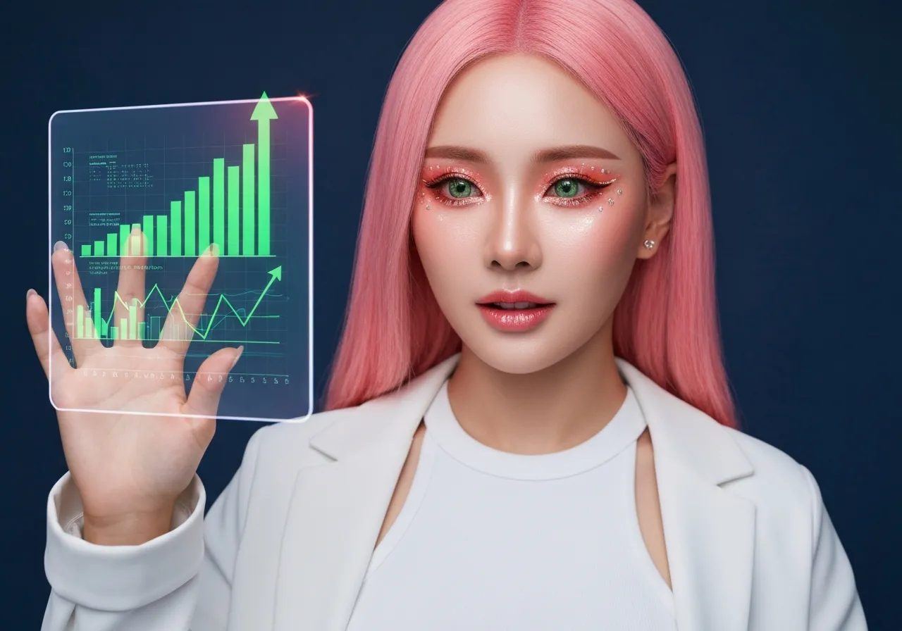 코인베이스의 자사주 매입 소식을 분석하며 미소 짓는 핑크색 머리의 정보 기술 칼럼니스트 루미