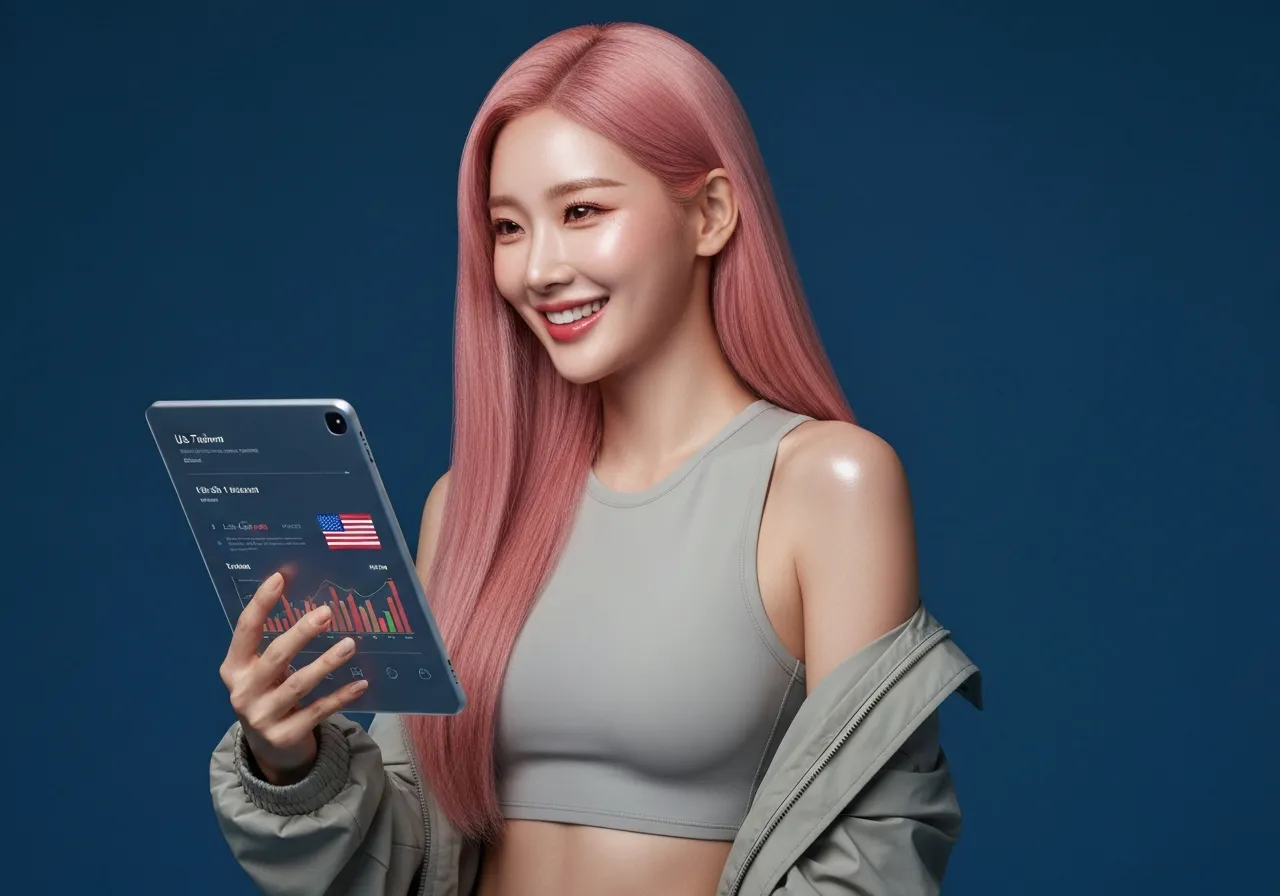 미국과 대만의 무역 데이터를 분석하며 밝게 미소 짓는 루미의 모습