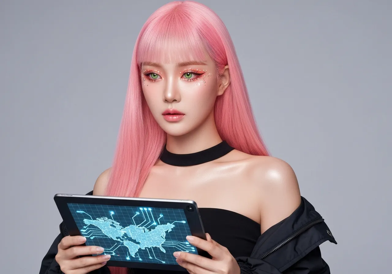 미중 기술 규제 유예 소식을 분석하며 홀로그램 태블릿을 응시하는 핑크색 긴 머리의 루미