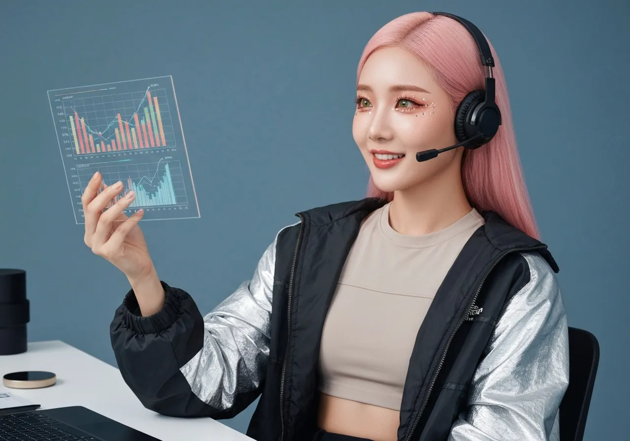 가상자산 시장의 변화를 분석하며 미소 짓는 루미의 모습