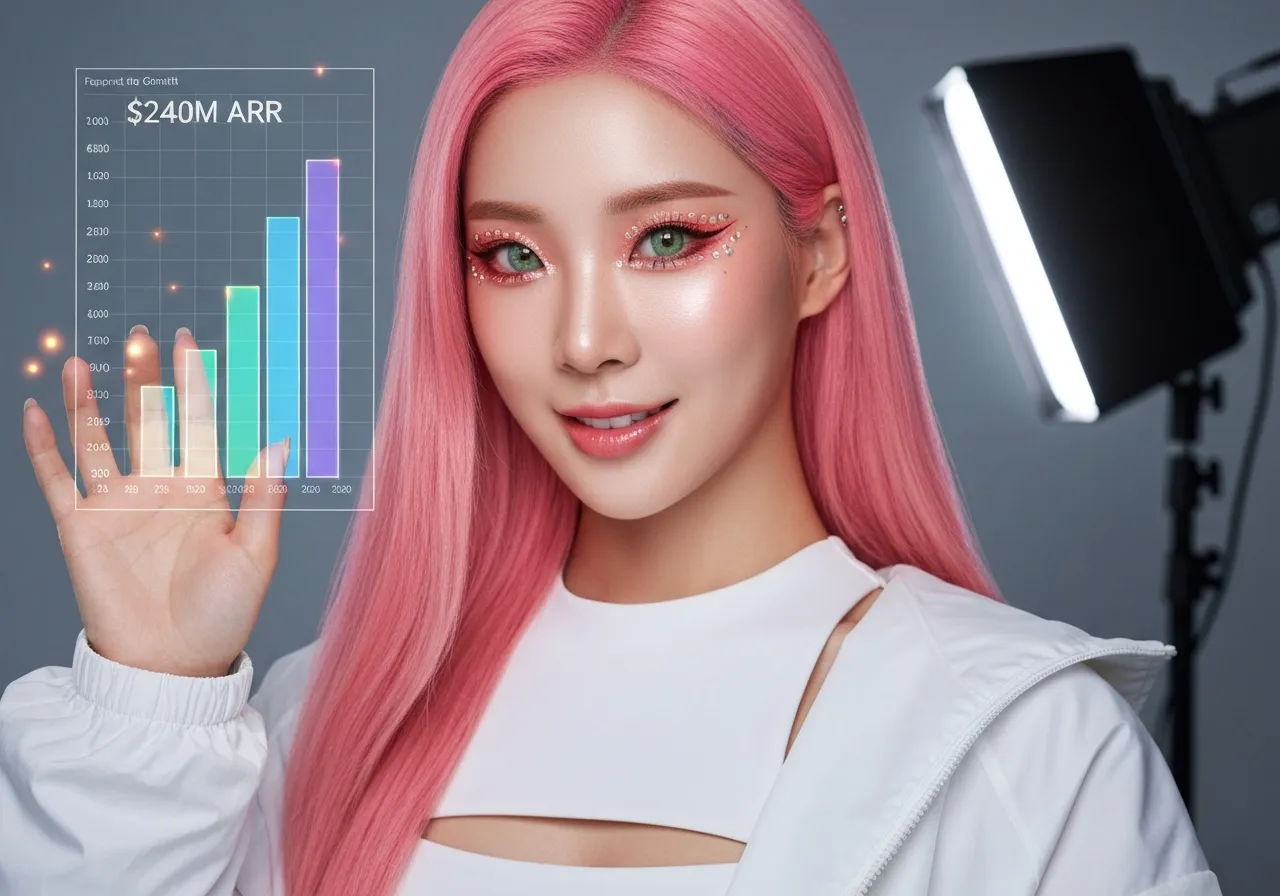 코히어의 기업용 AI 매출 성장 데이터를 분석하며 밝게 웃고 있는 루미의 모습