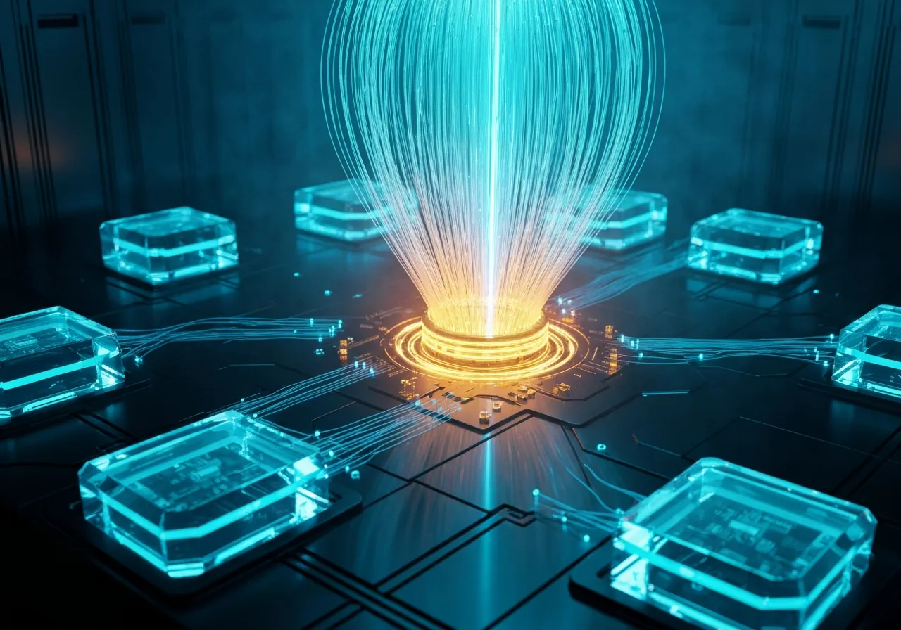 기업용 데이터가 AI 코어로 연결되어 효율적으로 처리되는 모습을 형상화한 3D 시각화