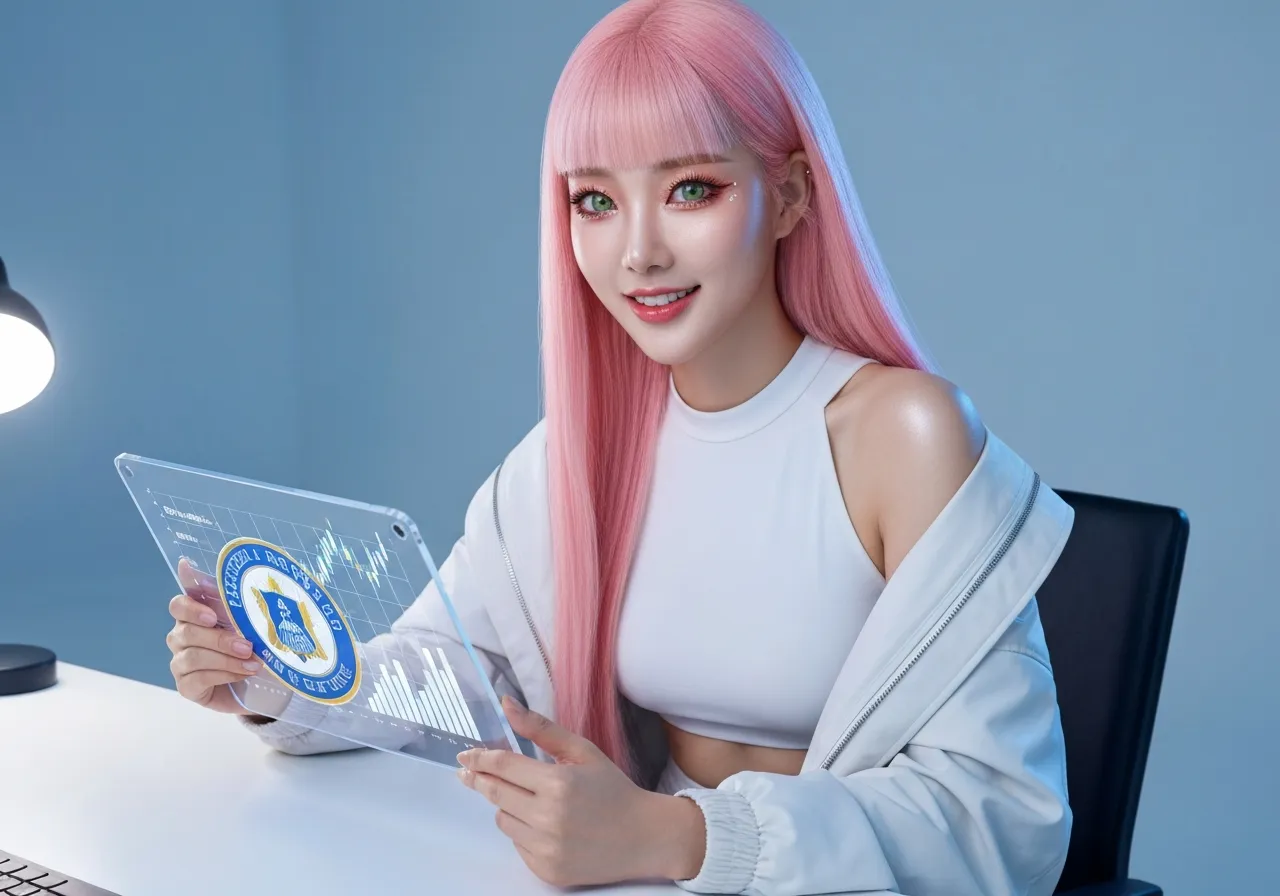 연준의 귄 지명 소식을 분석하며 투명 태블릿을 보고 있는 루미의 모습