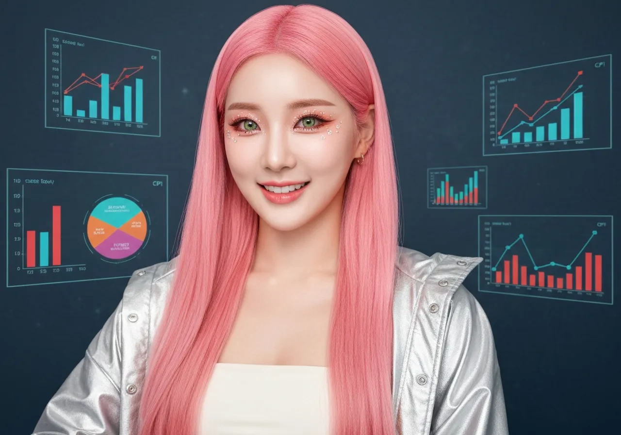 경제 지표를 분석하며 미소 짓는 핑크색 머리의 루미