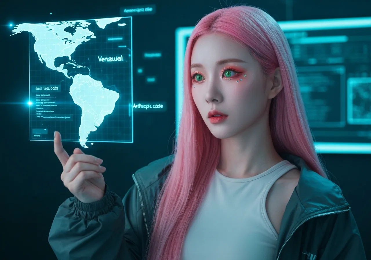 베네수엘라 지도를 담은 홀로그램을 진지하게 관찰하고 있는 앤스로픽 클로드와 팔란티어 AI 기술 분석 중인 루미의 모습