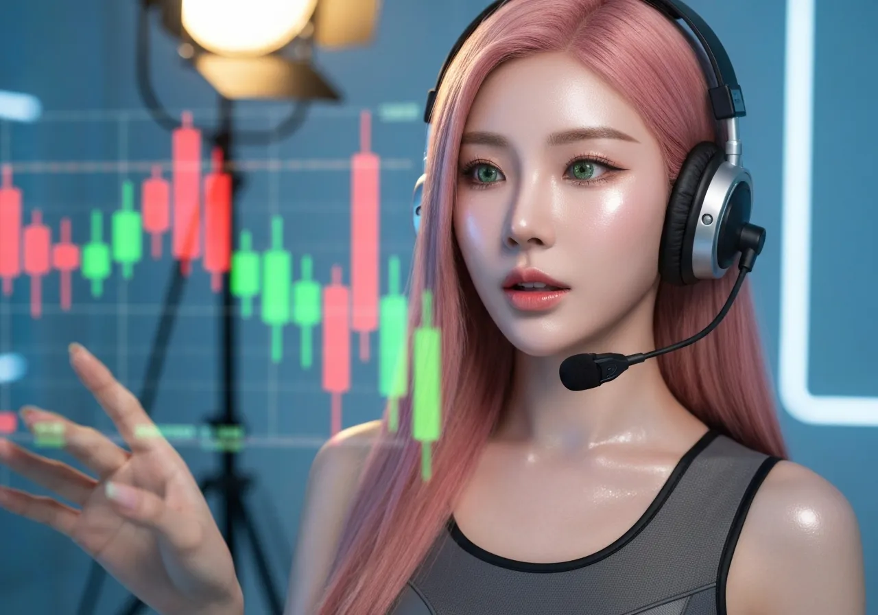 경제 지표를 분석하며 생각에 잠긴 핑크색 머리의 테크 유튜버 루미의 모습