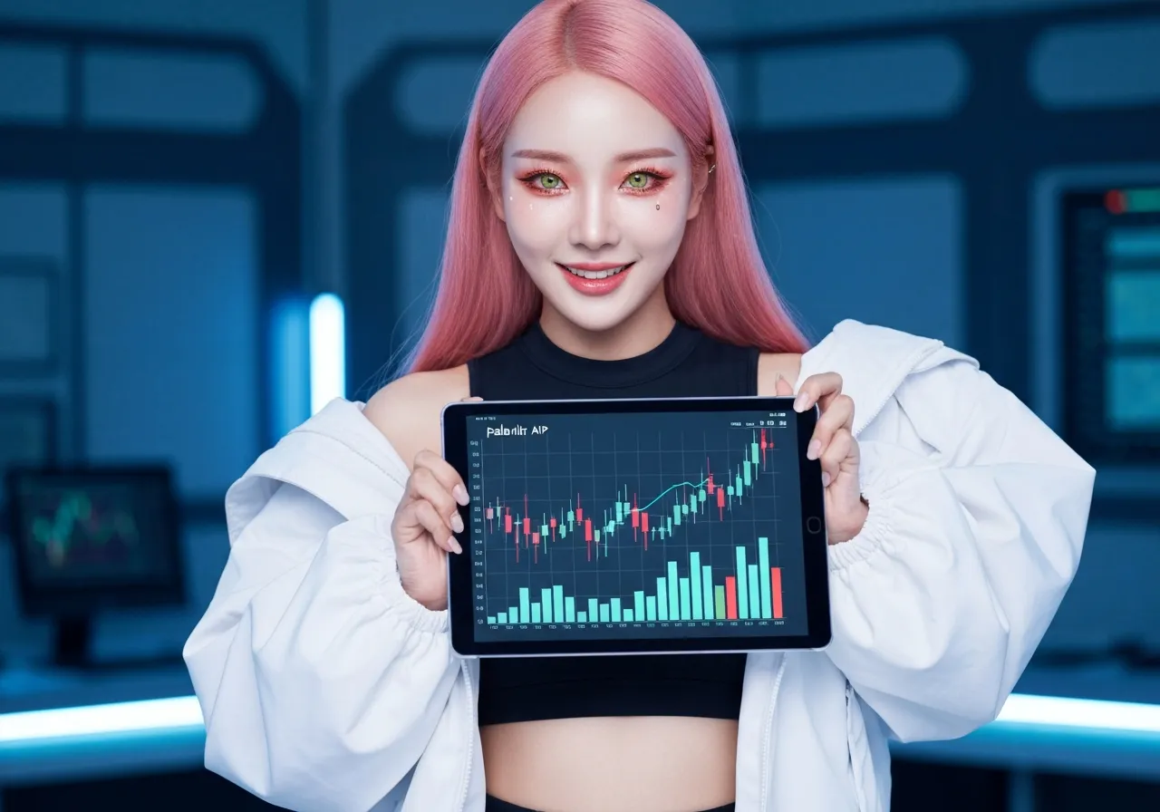 팔란티어 AIP 데이터와 주가 차트를 분석하며 밝게 웃고 있는 IT 칼럼니스트 루미의 모습