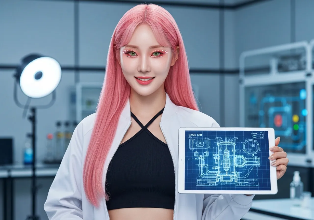SMR 특별법 통과 소식을 설명하는 루미와 소형모듈원자로 홀로그램 이미지